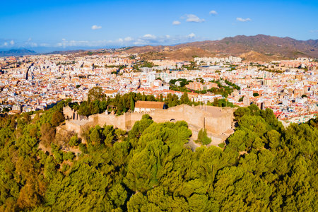 Castillo de Gibralfaro Fortress aerial panoramic view in Malaga. Malaga is a city in the Andalusia community in Spain.の写真素材