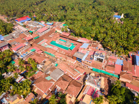 Gokarna town aerial panoramic view. Gokarna Beach is a major tourist attraction in the coastal town of Gokarna in Karnataka state of India.の写真素材