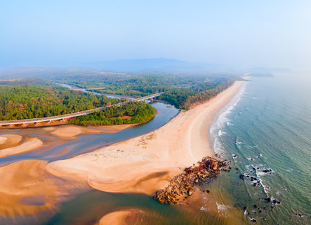 Galgibaga beach aerial panoramic view at sunset. Galgibaga or Galgibagh beach is a public beach located near the Palolem beach in South Goa in India.の写真素材