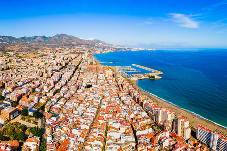 Fuengirola city beach and marina aerial panoramic view. Fuengirola is a city on the Costa del Sol in the province of Malaga in the Andalusia, Spain.の写真素材