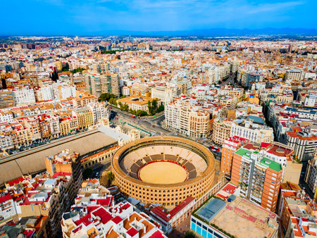 Plaza de Toros de Valencia or Plaza de bous aerial panoramic view. It is a bullring in Valencia city, Spain.の写真素材