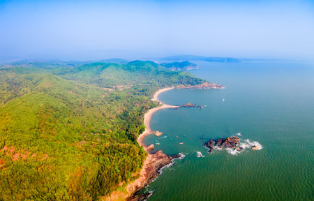 Om Beach aerial panoramic view. Om Beach is a major tourist attraction in the coastal city of Gokarna in Karnataka state of India.の写真素材