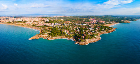 Tarragona city beach aerial panoramic view. Tarragona is a port city located in northeast Spain on the Costa Daurada by the Mediterranean Sea.の写真素材