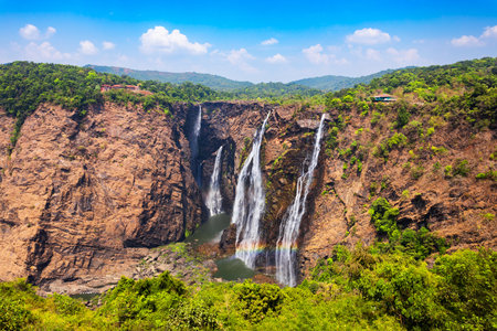 Jog Falls aerial panoramic view. Jog Falls is a waterfall on the Sharavati river in Karnataka state of India.の写真素材