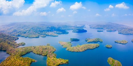 Talakalale Balancing Reservoir aerial panoramic view. Talakalale Reservoir is located near the Jog Falls in Karnataka state in India.の写真素材