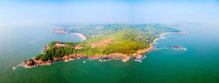 Om Beach and Kudle Beach aerial panoramic view. Om Beach is a major tourist attraction in the coastal city of Gokarna in Karnataka state of India.の写真素材