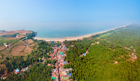 Gokarna Beach aerial panoramic view. Gokarna Beach is a major tourist attraction in the coastal town of Gokarna in Karnataka state of India.の写真素材