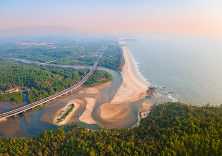 Galgibaga beach aerial panoramic view at sunset. Galgibaga or Galgibagh beach is a public beach located near the Palolem beach in South Goa in India.の写真素材