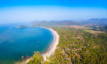 Palolem Beach aerial panoramic view. Palolem Beach is situated in Canacona in southern Goa, India.の写真素材