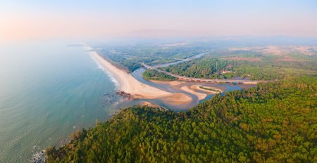 Galgibaga beach aerial panoramic view at sunset. Galgibaga or Galgibagh beach is a public beach located near the Palolem beach in South Goa in India.の写真素材