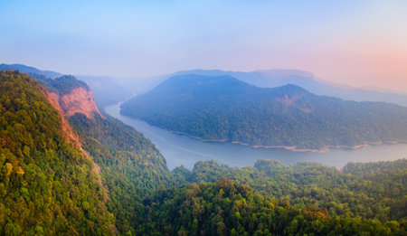 Sharavathi River Valley aerial panoramic view from the viewpoint near the Jog Falls. Jog Falls is a waterfall in Karnataka state of India.の写真素材