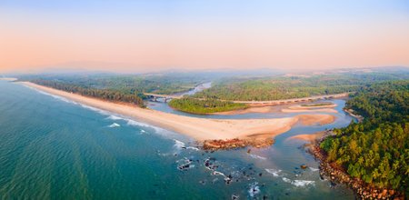 Galgibaga beach aerial panoramic view at sunset. Galgibaga or Galgibagh beach is a public beach located near the Palolem beach in South Goa in India.の写真素材