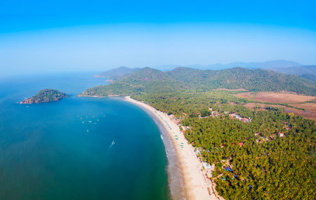Palolem Beach aerial panoramic view. Palolem Beach is situated in Canacona in southern Goa, India.の写真素材