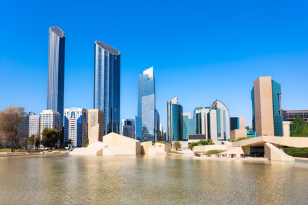 Al Musallah Mosque Prayer Hall and Abu Dhabi skyline. Abu Dhabi is the capital city of the United Arab Emirates.の写真素材