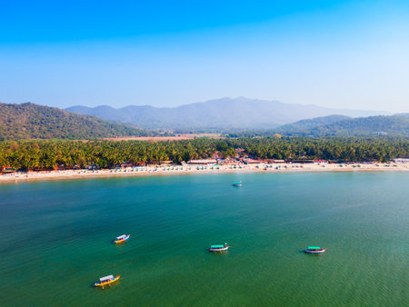 Palolem Beach aerial panoramic view. Palolem Beach is situated in Canacona in southern Goa, India.の写真素材