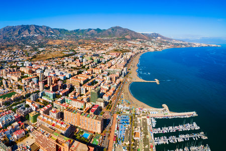 Fuengirola city beach and marina aerial panoramic view. Fuengirola is a city on the Costa del Sol in the province of Malaga in the Andalusia, Spain.の写真素材