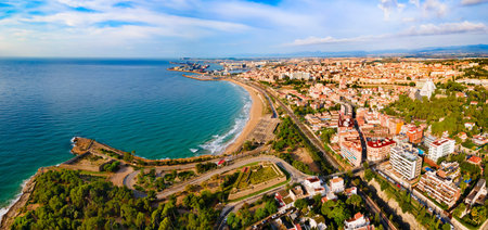 Tarragona city beach aerial panoramic view. Tarragona is a port city located in northeast Spain on the Costa Daurada by the Mediterranean Sea.の写真素材