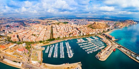 Alicante city port with boats and yachts aerial panoramic view. Alicante is a city in the Valencia region, Spain.の写真素材
