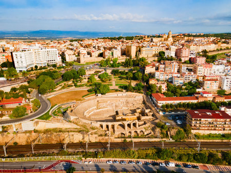 Tarragona Amphitheatre aerial panoramic view. Tarragona Amphitheatre is a Roman amphitheatre in the city of Tarragona in the Catalonia region of Spain.の写真素材