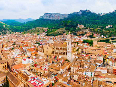 Collegiate Basilica of Santa Maria of Xativa aerial panoramic view. Collegiate Basilica also known as La Seu, is the principal church of the city of Xativa near Valencia in Spain.の写真素材
