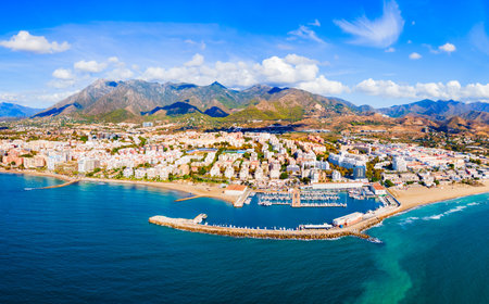 Marbella marina aerial panoramic view. Marbella is a city in the province of Malaga in the Andalusia, Spain.の写真素材