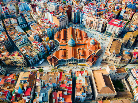 Mercado Central aerial panoramic view. Mercat Central is a public central market located in central Valencia, Spain.の写真素材