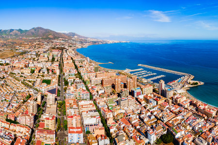 Fuengirola city beach and marina aerial panoramic view. Fuengirola is a city on the Costa del Sol in the province of Malaga in the Andalusia, Spain.の写真素材