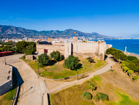 Sohail Castle or Castillo Sohail aerial panoramic view. Sohail Castle a historic fortress in Fuengirola city on the Costa del Sol in the Malaga province in the Andalusia, Spain.の写真素材