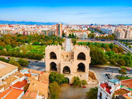 The Serrans Gate or Serranos Towers aerial panoramic view, it is a 14th century gate in Valencia city in Spainの写真素材