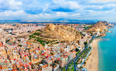 Santa Barbara Castle aerial panoramic view. Santa Barbara Castle is a fort stands on Mount Benacantil in the center of Alicante, Spain.の写真素材