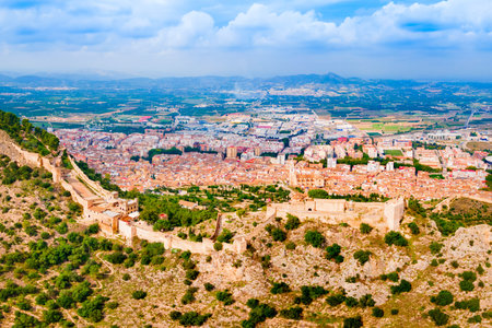 Xativa Castle aerial panoramic view. Castillo de Jativa is a castle located in the city of Xativa near Valencia in Spain.の写真素材
