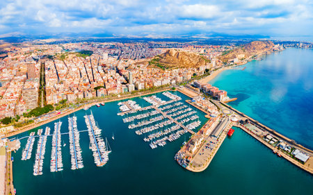 Alicante city port with boats and yachts aerial panoramic view. Alicante is a city in the Valencia region, Spain.の写真素材