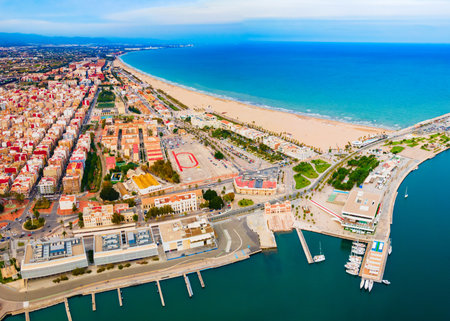 Valencia city beach aerial panoramic view. Valencia is the third most populated municipality in Spain.の写真素材