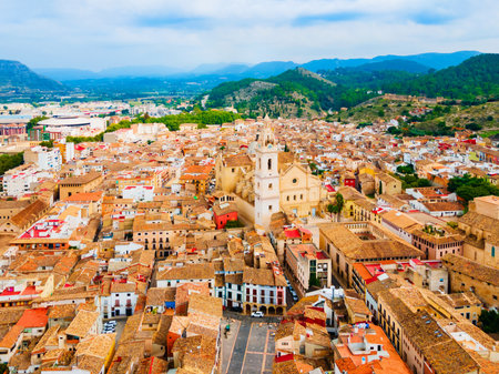 Collegiate Basilica of Santa Maria of Xativa aerial panoramic view. Collegiate Basilica also known as La Seu, is the principal church of the city of Xativa near Valencia in Spain.の写真素材