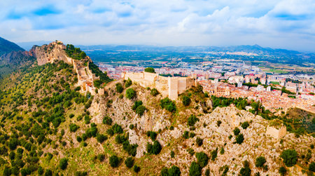 Xativa Castle aerial panoramic view. Castillo de Jativa is a castle located in the city of Xativa near Valencia in Spain.の写真素材