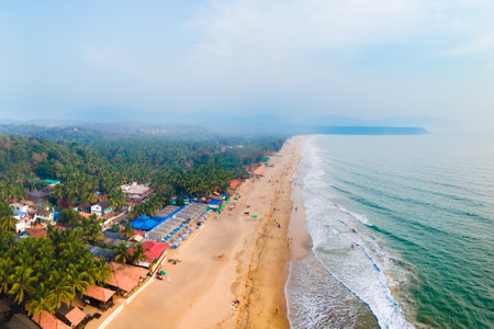 Agonda Beach aerial panoramic view. Agonda Beach is a public beach located near the Palolem beach in South Goa in India.の写真素材