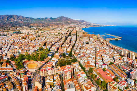 Fuengirola city beach and marina aerial panoramic view. Fuengirola is a city on the Costa del Sol in the province of Malaga in the Andalusia, Spain.の写真素材