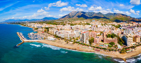 Marbella city beach aerial panoramic view. Marbella is a city in the province of Malaga in the Andalusia, Spain.の写真素材