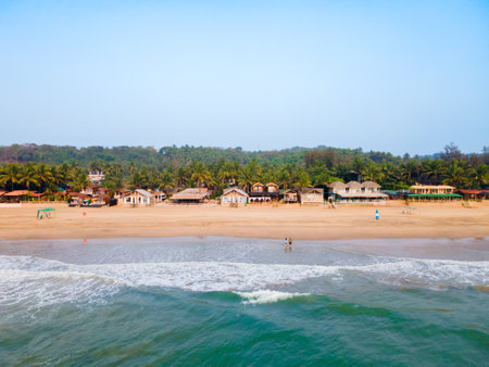 Agonda Beach aerial panoramic view. Agonda Beach is a public beach located near the Palolem beach in South Goa in India.の写真素材