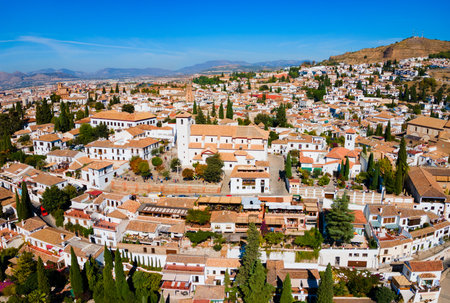 San Nicholas Church or Iglesia de San Nicolas and viewpoint aerial panoramic view in Granada, the capital city of the province of Granada in the community of Andalusia, Spainの写真素材