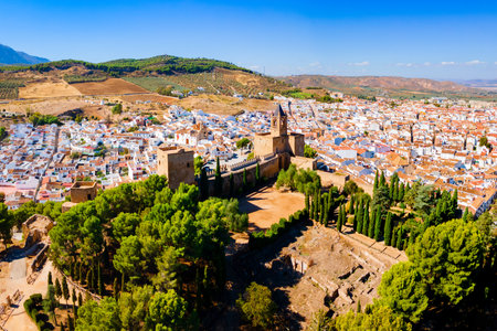 Alcazaba of Antequera aerial panoramic view. The Alcazaba of Antequera is a Moorish fortress in Antequera city in the province of Malaga, the community of Andalusia in Spain.の写真素材