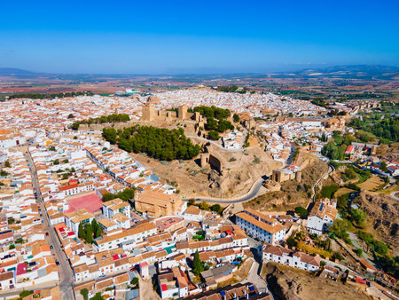 Alcazaba of Antequera aerial panoramic view. The Alcazaba of Antequera is a Moorish fortress in Antequera city in the province of Malaga, the community of Andalusia in Spain.の写真素材
