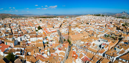 Saint Sebastian Parish Church aerial panoramic view in Antequera. Antequera is a city in the province of Malaga, the community of Andalusia in Spain.の写真素材