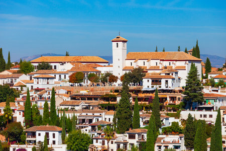 San Nicholas Church or Iglesia de San Nicolas and viewpoint aerial panoramic view in Granada, the capital city of the province of Granada in the community of Andalusia, Spainの写真素材