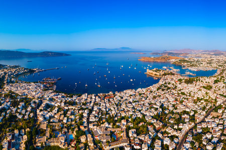 Bodrum city beach and marina aerial panoramic view. Bodrum is a city in Mugla Province, Turkey.の写真素材