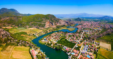 Dalyan town and river aerial panoramic view. Dalyan is a town in Mugla Province in Turkey.の写真素材