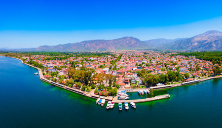 Koycegiz town and Koycegiz lake aerial panoramic view in Mugla Province in Turkeyの写真素材