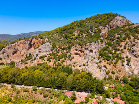 Kaunos Rock Tombs of the Kings at the Kaunos ancient city aerial panoramic view. Caunos is located near Dalyan town in Mugla Province, Turkey.の写真素材