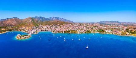 Datca city beach and marina aerial panoramic view. Datca is a resort town near Marmaris city in Mugla Province, Turkey.の写真素材