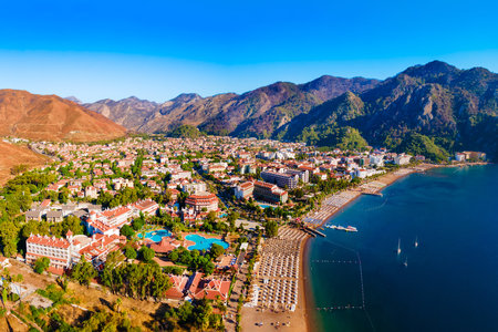 Icmeler city beach aerial panoramic view. Icmeler is a town near Marmaris city in Mugla Province, Turkey.の写真素材
